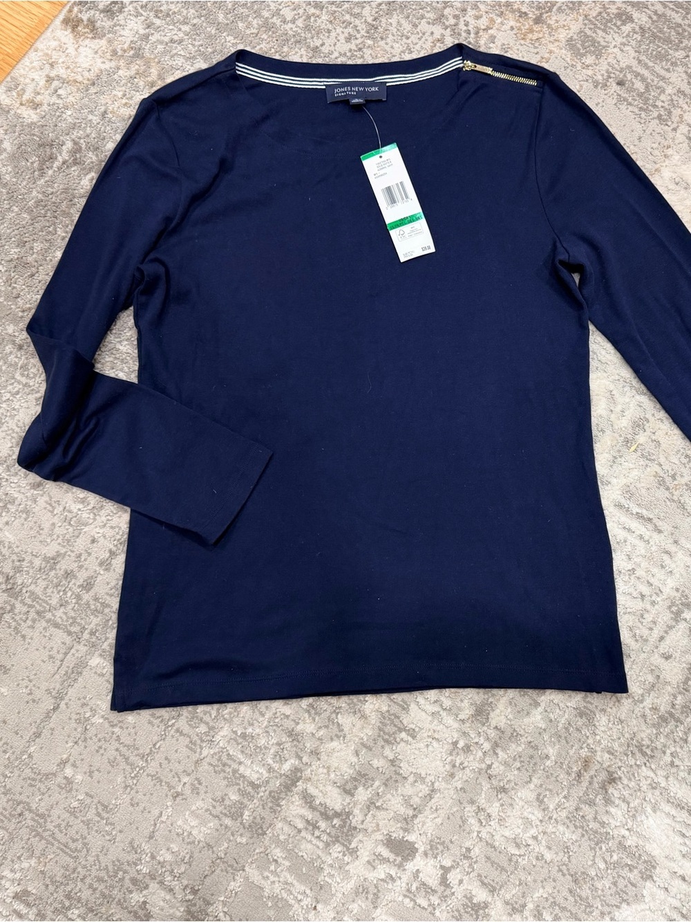 Jones New York Navy Long Sleeve Boatneck Top with Shoulder Zip